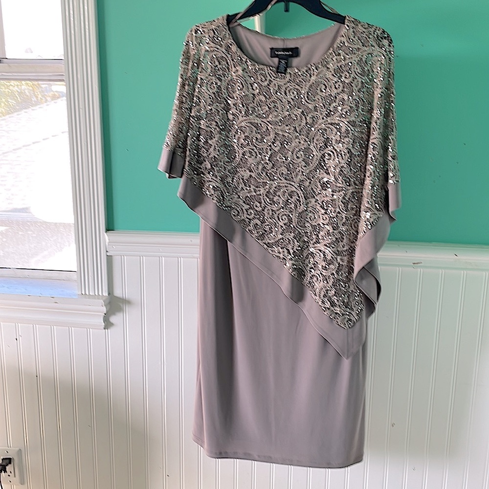Sequined Cape Sheath Dress (Taupe)
